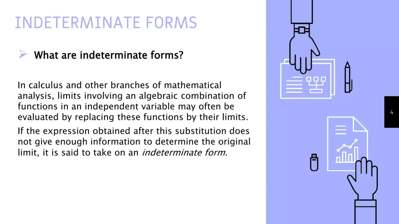 Formas indeterminadas en cálculo. Ilustración de manos analizando gráficos y diagramas, representando operaciones con infinito.