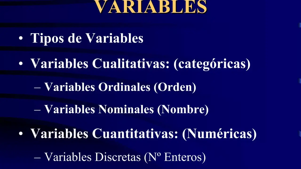 Tipos de variables: cualitativas (categóricas, ordinales, nominales) y cuantitativas (discretas, continuas).