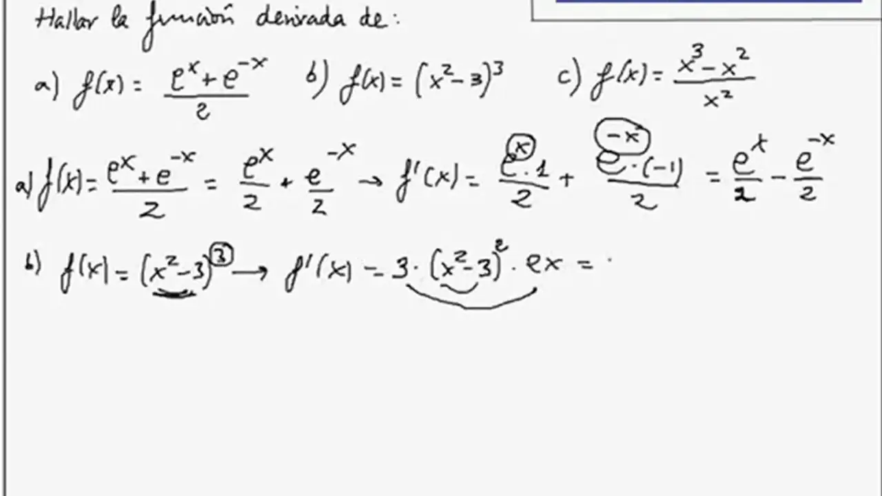 Ejemplos de cálculo de la derivada de e^x y otras funciones. Se muestran las derivadas de f(x) = (e^x + e^-x)/2 y f(x) = (x^2 - 3)^3.