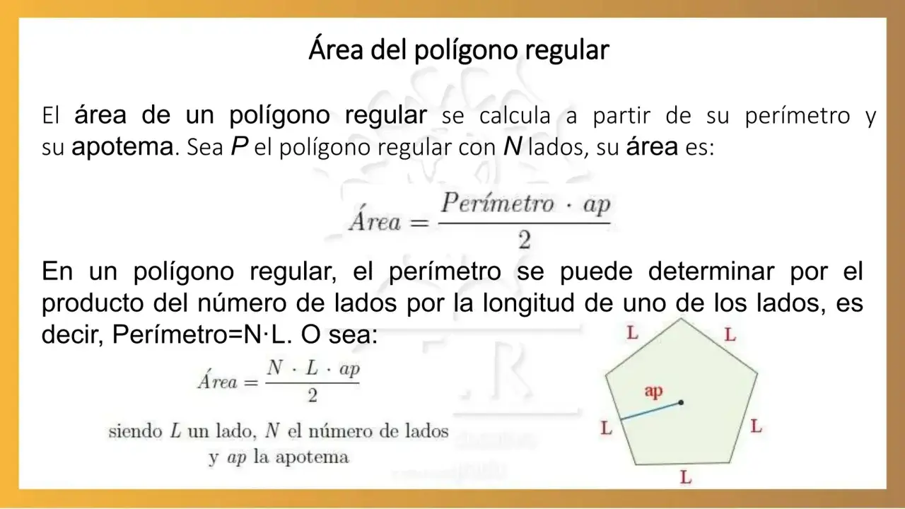 Ejercicios de áreas de polígonos regulares: fórmulas y diagramas explican cómo calcular el área usando perímetro y apotema.