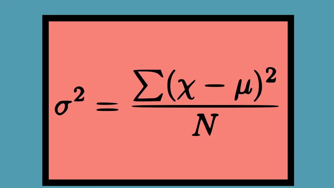 El símbolo de varianza σ² se calcula sumando las diferencias al cuadrado entre cada dato (x) y la media (μ), dividido por el número total de datos (N).