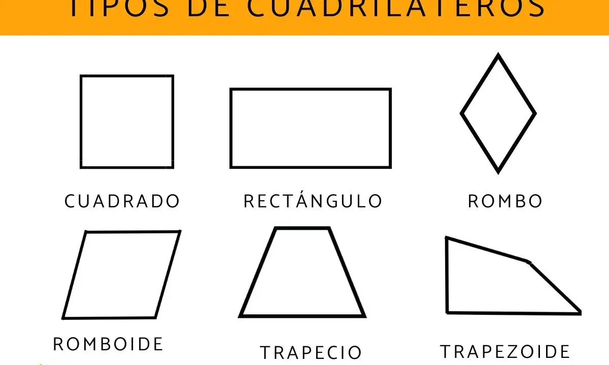 Ilustración muestra que es un cuadrilátero: cuadrado, rectángulo, rombo, romboide, trapecio y trapezoide.