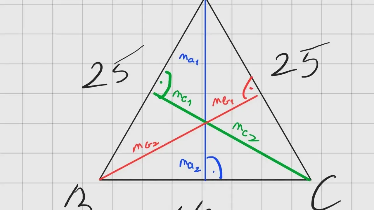 Triángulo isósceles con lados de 25 y base de 14. Se ilustra cómo se calcula la altura de un triángulo isósceles usando el teorema de Pitágoras.