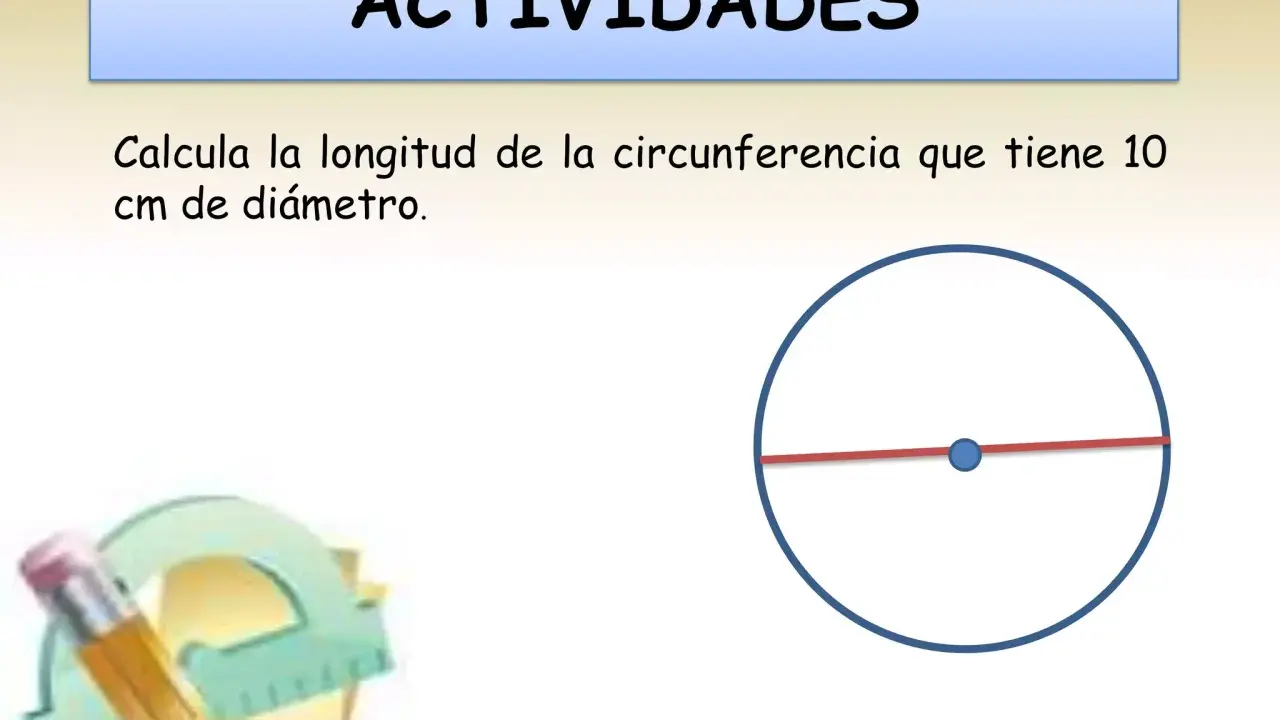Actividad: calcula el perímetro de un círculo con 10 cm de diámetro. Se muestra un círculo con su diámetro y herramientas de dibujo.