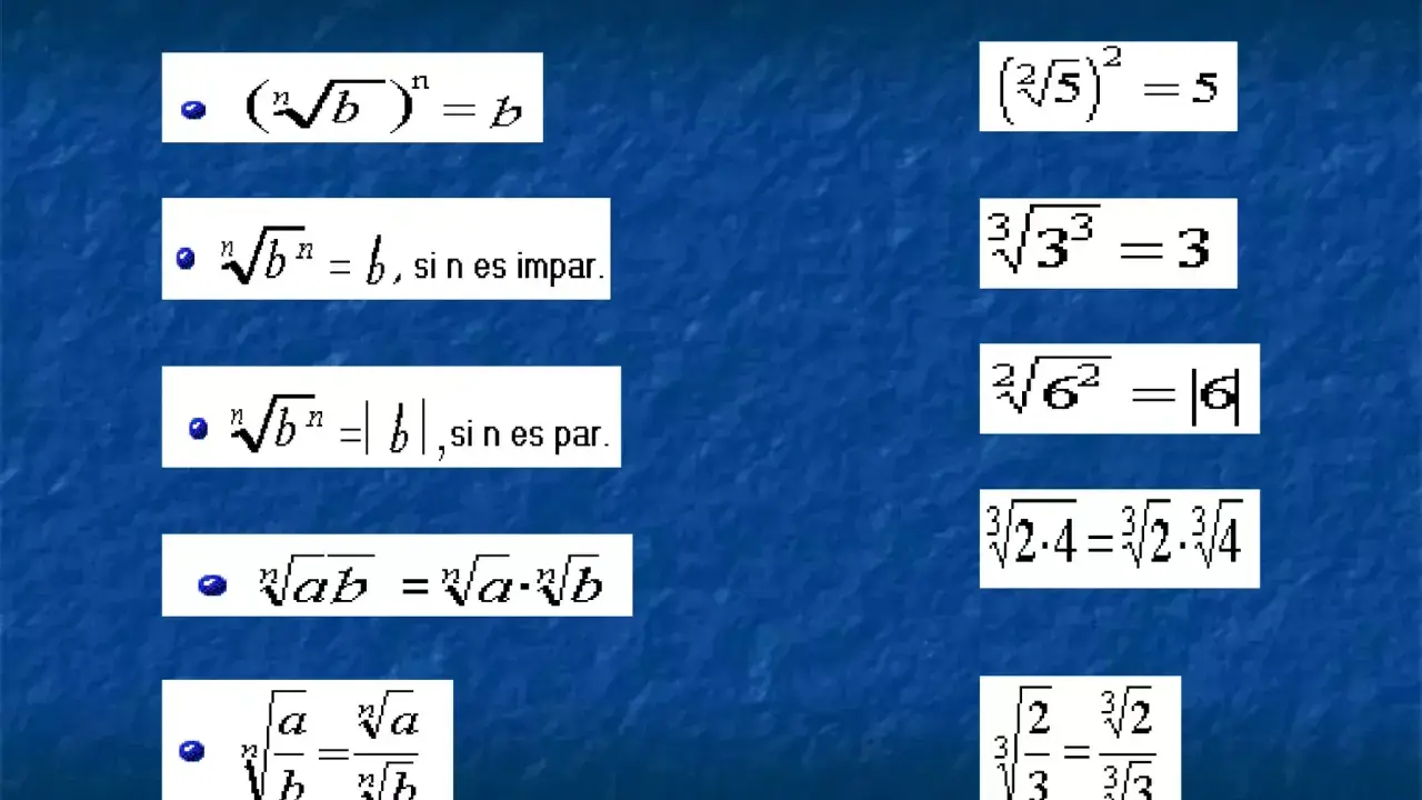 Propiedades de los radicales: (n√b)ⁿ = b, ⁿ√bⁿ = b (si n es impar), ⁿ√bⁿ = |b| (si n es par), ⁿ√ab = ⁿ√a ⋅ ⁿ√b, ⁿ√a/b = ⁿ√a / ⁿ√b.