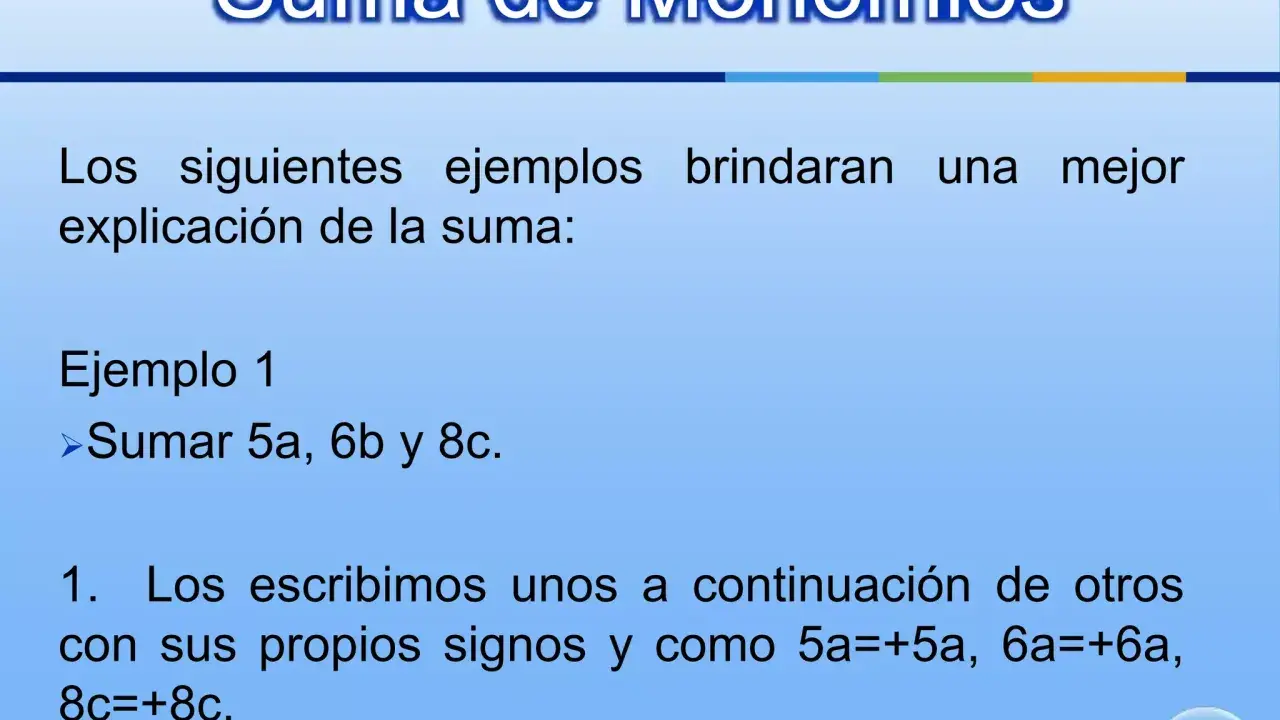 Ejemplo de suma de monomios: sumar 5a, 6b y 8c. Se escriben los monomios con sus signos.