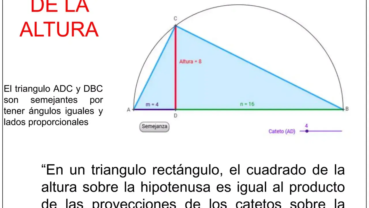 Ilustración del teorema de la altura en un triángulo rectángulo, mostrando la relación entre la altura y las proyecciones de los catetos.