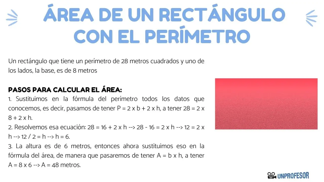Calculando el área de un rectángulo con perímetro 28m y base 8m. Se muestra el proceso paso a paso para hallar la altura y luego el área.