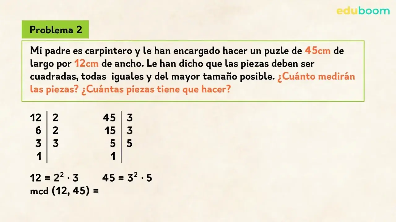 Problema de carpintería para calcular el mcd de 45 y 12, buscando el mayor tamaño de piezas cuadradas para un puzle.