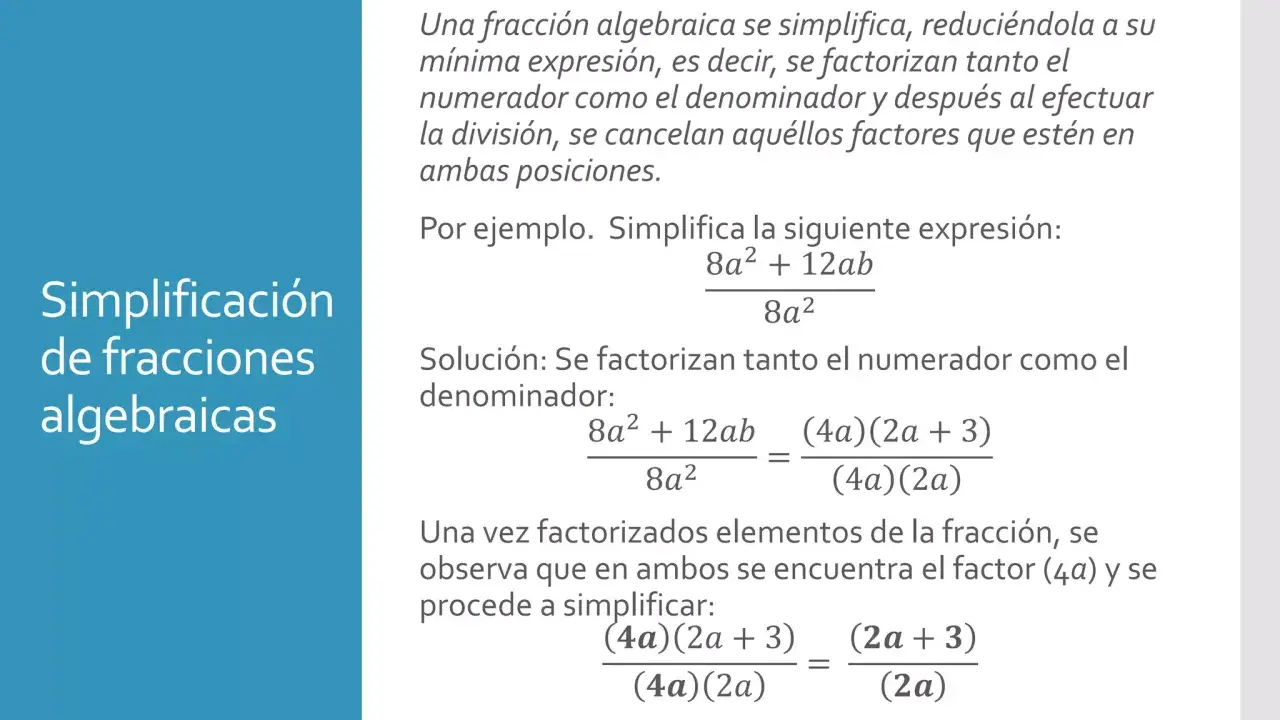 Ejemplo de cómo factorizar fracciones algebraicas para simplificarlas.
