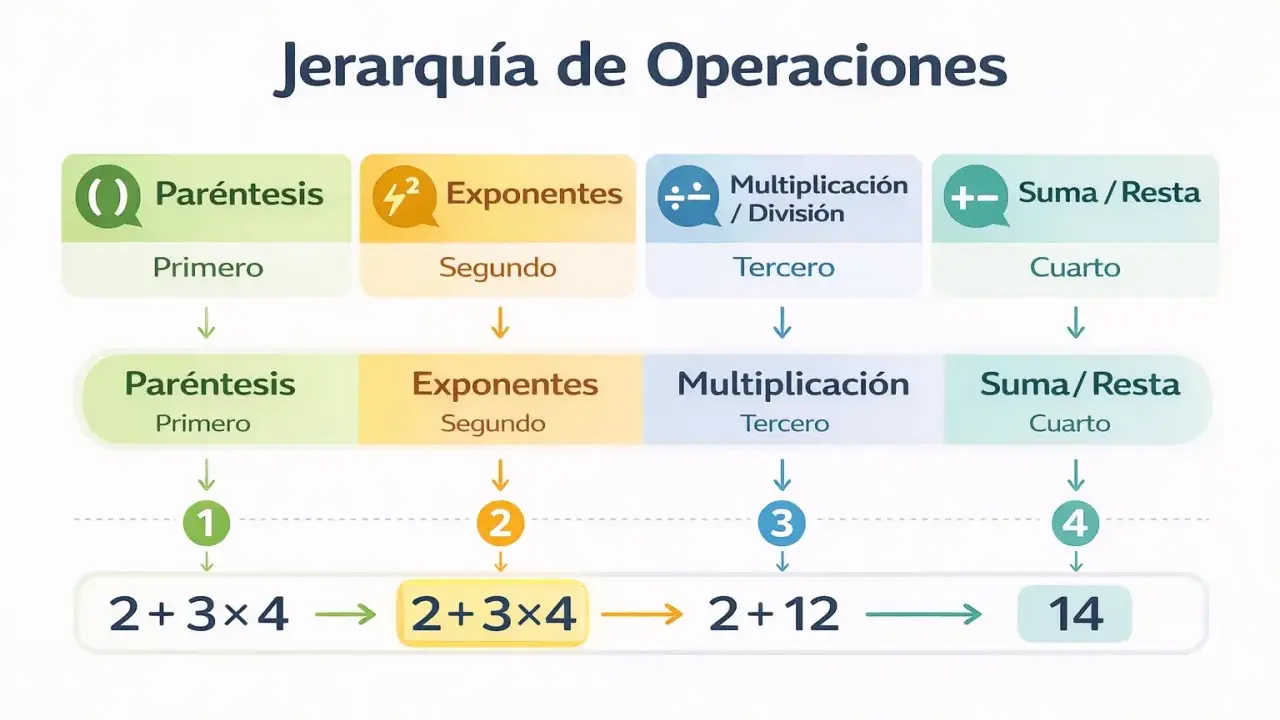 Diagrama de la jerarquía de operaciones: Paréntesis, Exponentes, Multiplicación/División, Suma/Resta. Muestra cómo resolver ejercicios paso a paso.