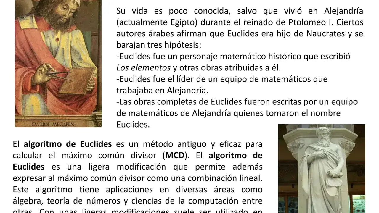 Pintura de Euclides, matemático griego, y texto que explica el algoritmo de Euclides, un método para calcular el máximo común divisor.