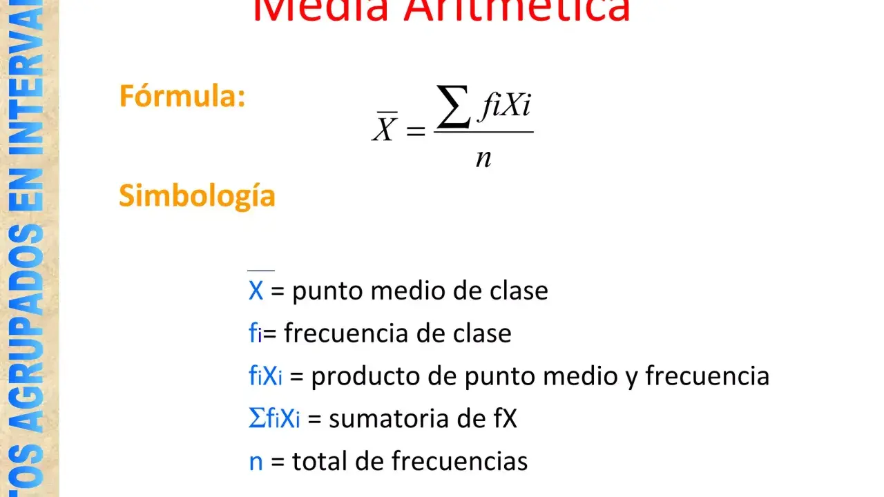 Fórmula para calcular la media aritmética: suma de productos de punto medio y frecuencia, dividida por el total de frecuencias.