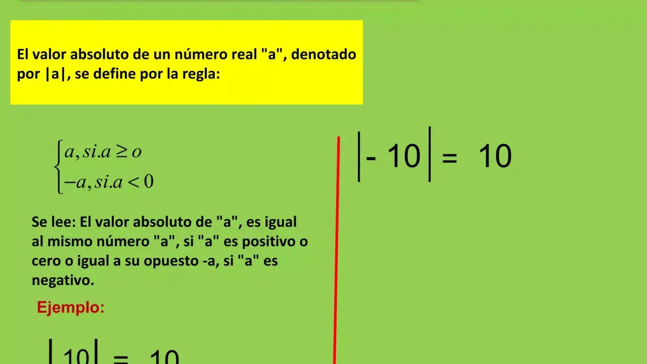 Definición de valor absoluto y ejemplos de ecuaciones con valor absoluto. Se muestra la regla para calcularlo y un ejemplo con |10| = 10.