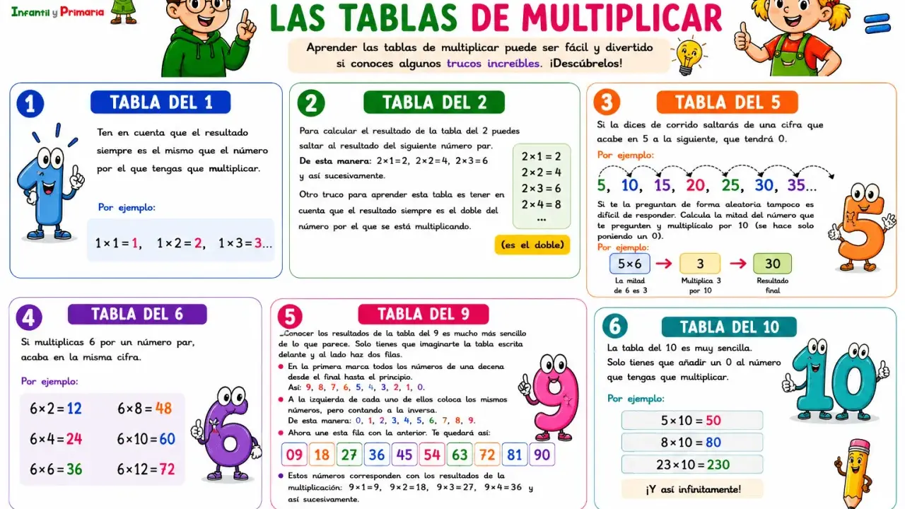 Trucos para aprender las tablas de multiplicar, incluyendo la tabla del 8. Ilustraciones de niños y números animados.