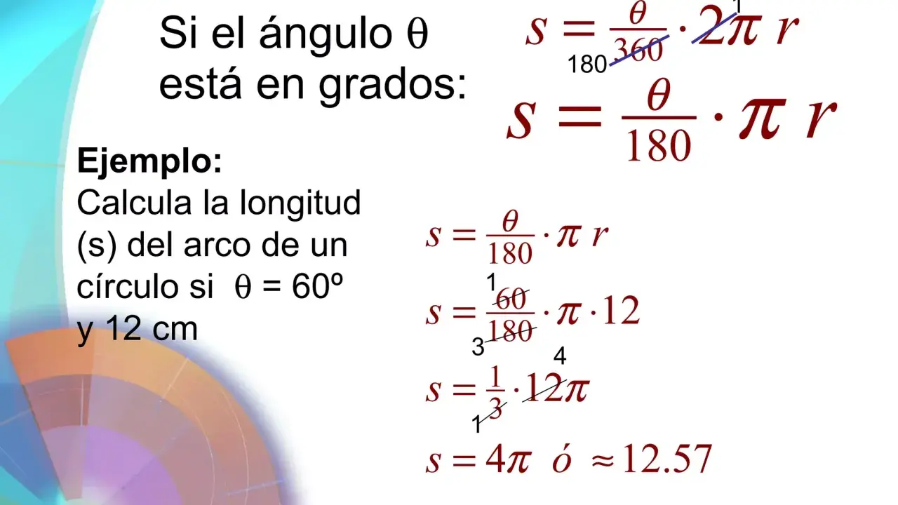 Calculando la longitud de un arco de circunferencia con ángulo en grados. Ejemplo: arco de 60° y radio 12 cm.