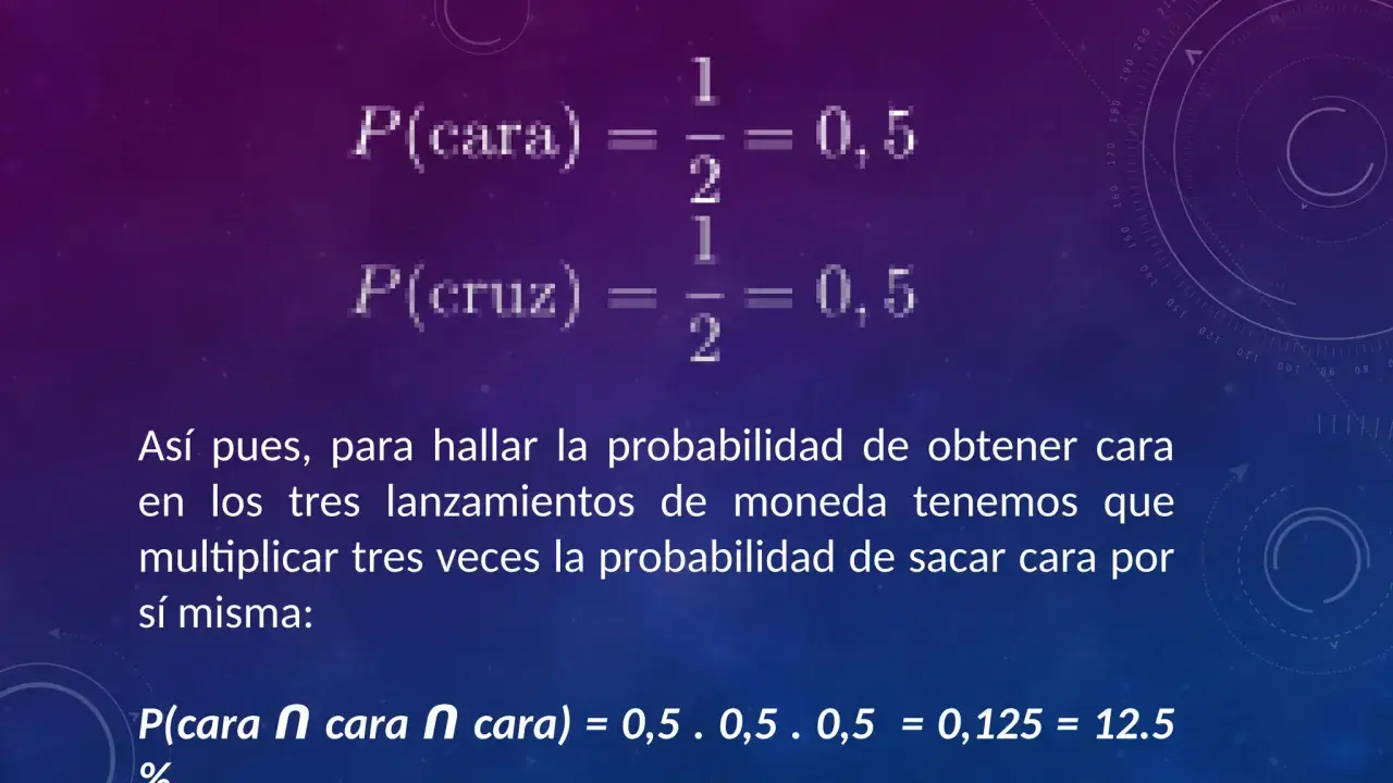 Probabilidad de cara y cruz es 0,5. Para hallar la probabilidad de tres caras seguidas, se aplica la regla del producto: 0,5 x 0,5 x 0,5 = 0,125.
