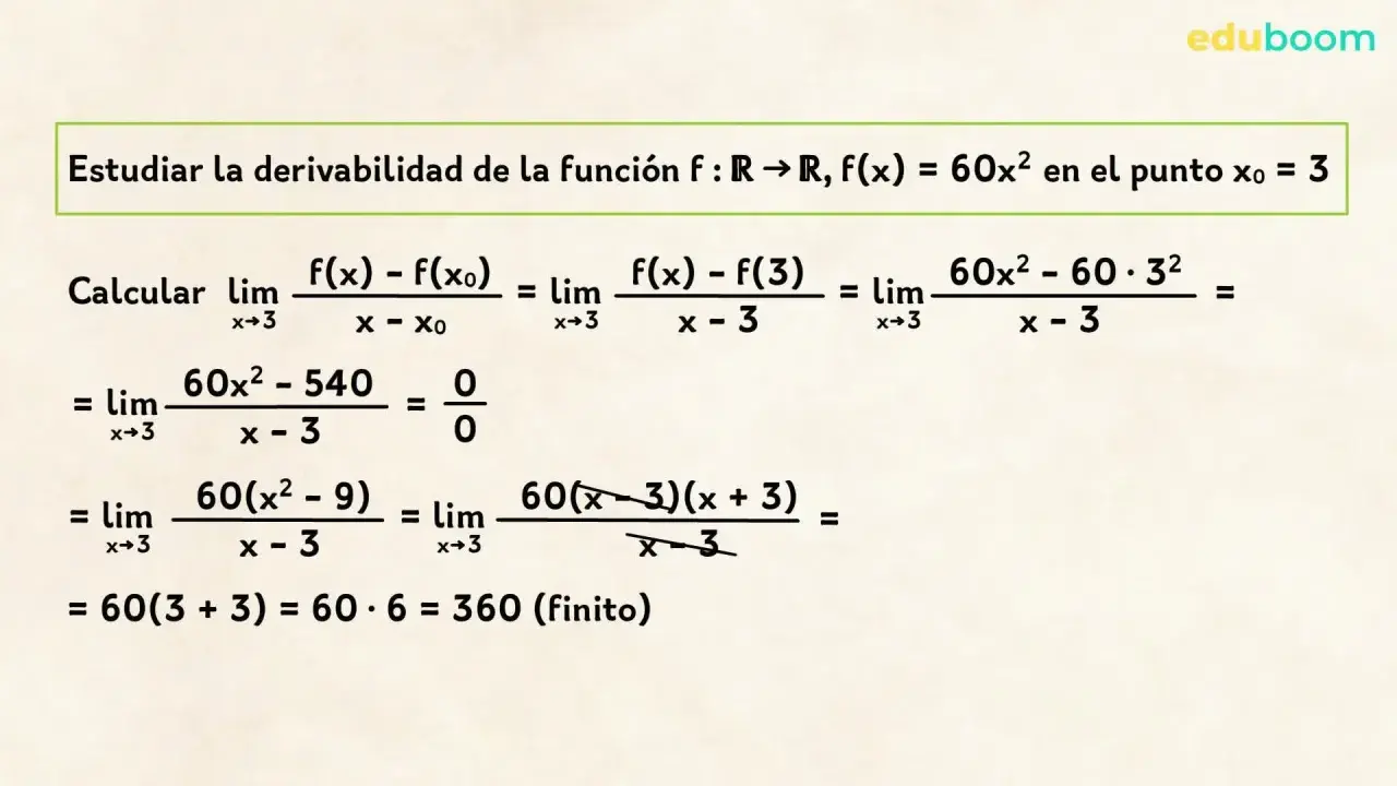 Cálculo de la derivada de f(x)=60x² en x=3. Se aplica el límite de la definición de derivada, simplificando hasta obtener 360.