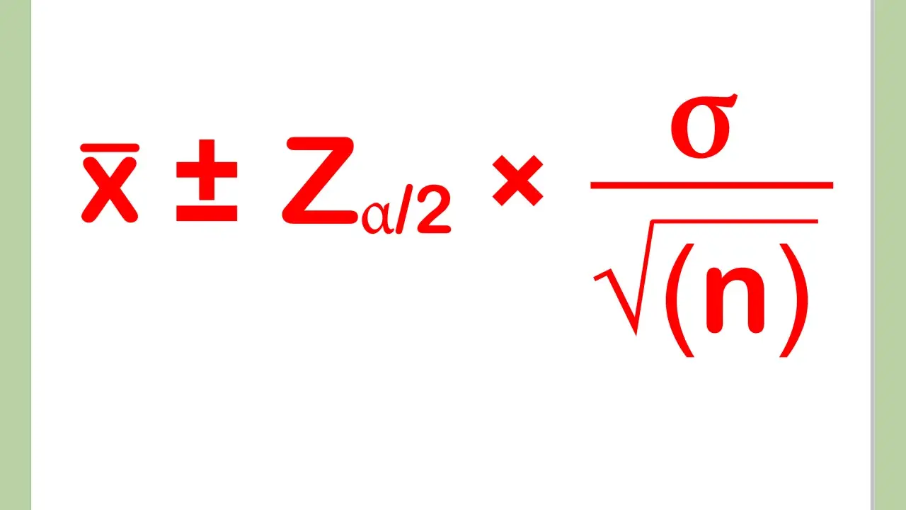 Fórmula para calcular el intervalo de confianza para la media: $\bar{x} \pm Z_{\alpha/2} \times \frac{\sigma}{\sqrt{n}}$.