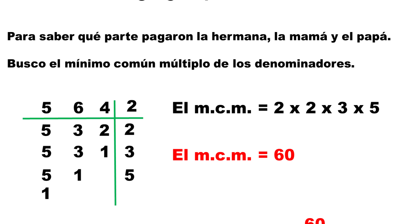 Ejercicios de mínimo común múltiplo para sumar fracciones. Se calcula el m.c.m. de 5, 6 y 4, que es 60.