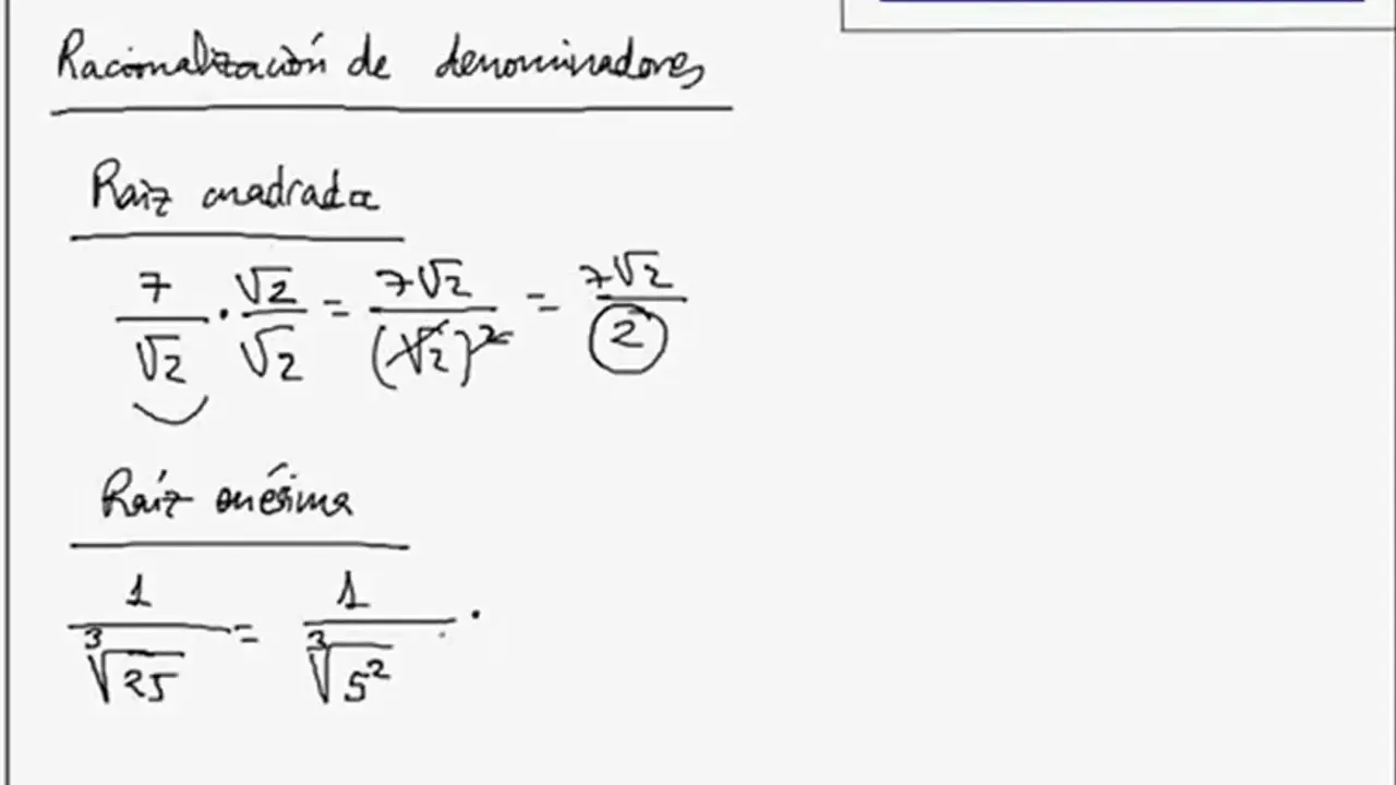 Ejemplos de ejercicios de racionalización de denominadores con raíz cuadrada y raíz enésima.