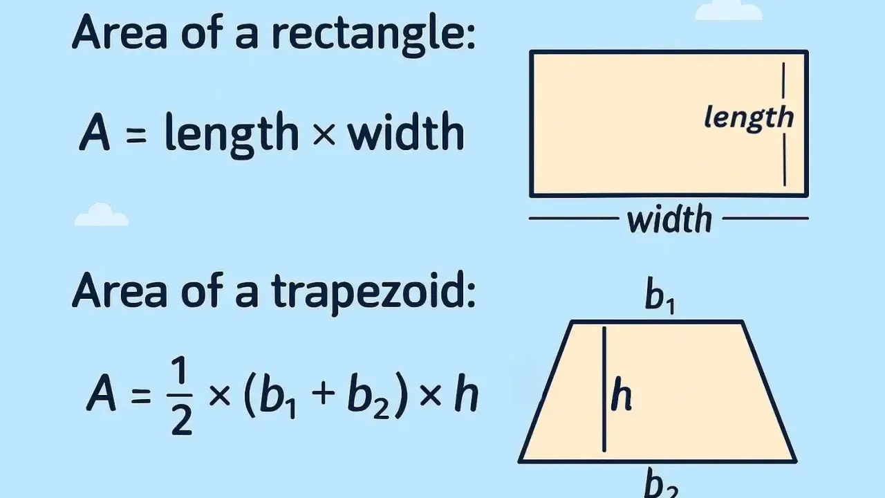 Fórmulas para calcular el área de un rectángulo (largo por ancho) y un trapecio (promedio de bases por altura).