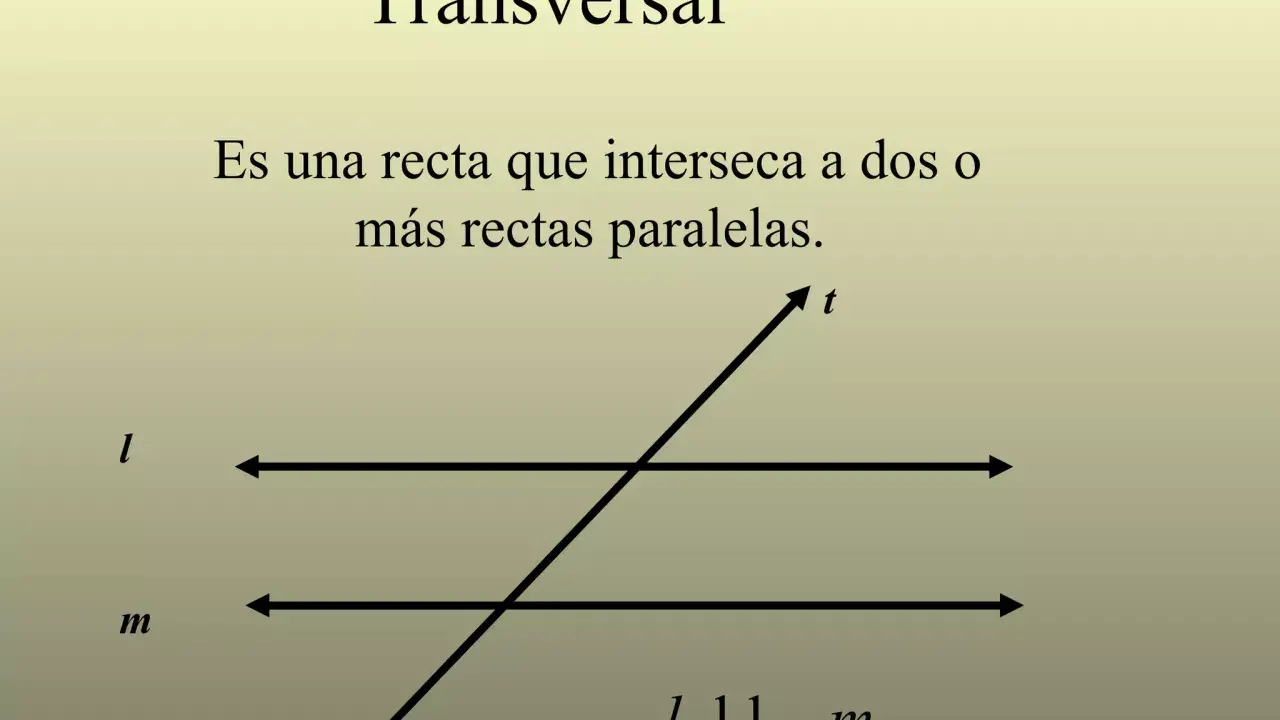 Una recta transversal 't' cruza dos rectas paralelas 'l' y 'm'.