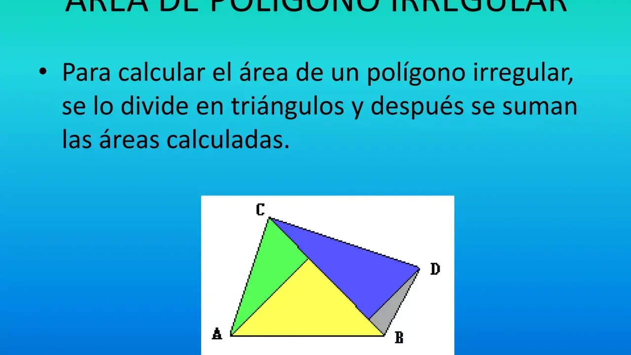 Ilustración de un polígono irregular dividido en triángulos de colores para calcular su área.