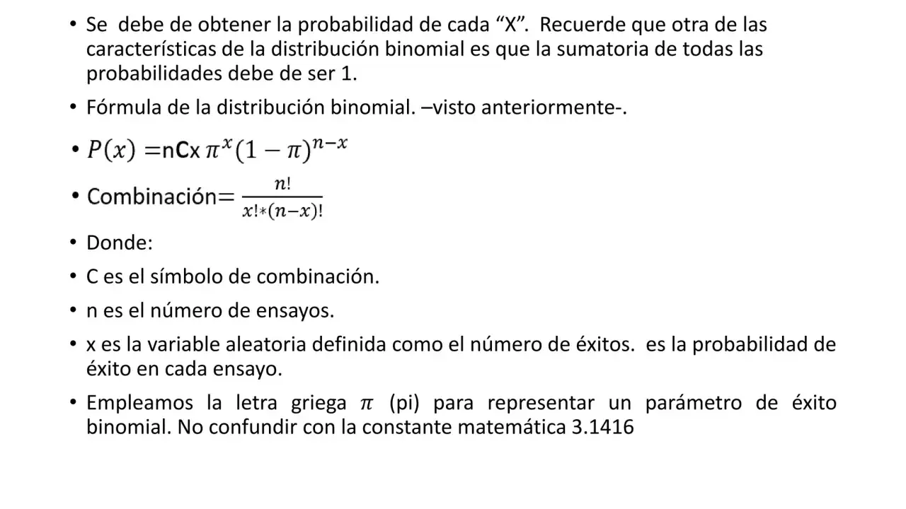 Fórmula de probabilidad binomial: P(x) = nCx π^x (1 – π)^n-x. Explica combinaciones, ensayos y éxito.