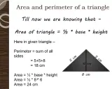 La fórmula del área de un triángulo se muestra con un triángulo de 5 cm, 5 cm, 8 cm y altura de 6 cm.