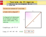 Un cuadrado de 7 cm de lado, con su diagonal marcada. Se explica cómo calcular la diagonal usando el teorema de Pitágoras.