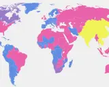 Mapa mundial muestra cuántos millones son 1 billón: países usan escala corta (rosa), larga (azul), ambas (rayas) o sistema diferente (amarillo).