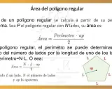 Ejercicios de áreas de polígonos regulares: fórmulas y diagramas explican cómo calcular el área usando perímetro y apotema.