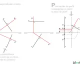 Ilustración geométrica que muestra un plano perpendicular a una recta en proyección diédrica, con líneas y puntos etiquetados.