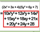 Ejemplo de cómo multiplicar polinomios: (2x² + 3x + 4)(5y² + 6y + 7) = 10x²y² + 12x²y + 14x² + 15xy² + 18xy + 21x + 20y² + 24y + 28.