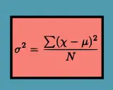 El símbolo de varianza σ² se calcula sumando las diferencias al cuadrado entre cada dato (x) y la media (μ), dividido por el número total de datos (N).