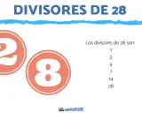 Imagen con el título "DIVISORES DE 28", números 2 y 8 en círculos naranjas, y lista de divisores de 28.