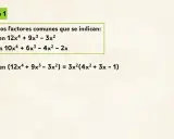 Ejemplo de cómo sacar factor común de un polinomio. Se muestra el ejercicio 1 con dos incisos, a y b, y la solución del inciso a.