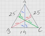 Triángulo isósceles con lados de 25 y base de 14. Se ilustra cómo se calcula la altura de un triángulo isósceles usando el teorema de Pitágoras.