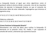 Texto explica la búsqueda binaria, un algoritmo que requiere datos ordenados. Muestra un array desordenado y su versión ordenada.