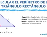Un triángulo rectángulo con lados a, b, c y la fórmula para calcular el perímetro del triángulo: p = a + b + c.