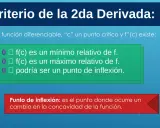 Criterio de la 2da Derivada: f''(c) > 0 indica un mínimo relativo, f''(c) < 0 un máximo relativo. Si f''(c) = 0, podría ser un punto de inflexión.