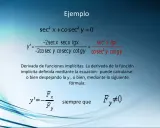 Ejemplo de derivada implícita: sec² x + cosec² y = 0. Se muestra la fórmula para calcularla.