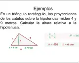 Ejemplo de teorema del cateto: un triángulo rectángulo con proyecciones de catetos de 4 y 9 m. Se calcula la altura.
