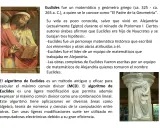Pintura de Euclides, matemático griego, y texto que explica el algoritmo de Euclides, un método para calcular el máximo común divisor.