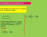 Definición de valor absoluto y ejemplos de ecuaciones con valor absoluto. Se muestra la regla para calcularlo y un ejemplo con |10| = 10.