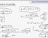 Ejercicios de ecuaciones bicuadradas: se muestra la resolución de x⁴ - 10x² + 9 = 0, transformándola en una ecuación de segundo grado.