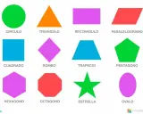 Un collage de figuras geométricas de colores: círculo, triángulo, rectángulo, rombo, cuadrado, pentágono, hexágono, octágono, estrella, trapecio, paralelogramo y óvalo.