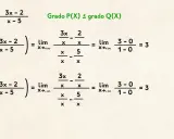 Cálculo de la asíntota horizontal para f(x) = (3x-2)/(x-5). Se evalúan los límites cuando x tiende a infinito y menos infinito, resultando en 3.