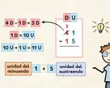 Ilustración de restas con llevadas divertidas, mostrando el proceso de descomposición de decenas en unidades para resolver 41 - 15.